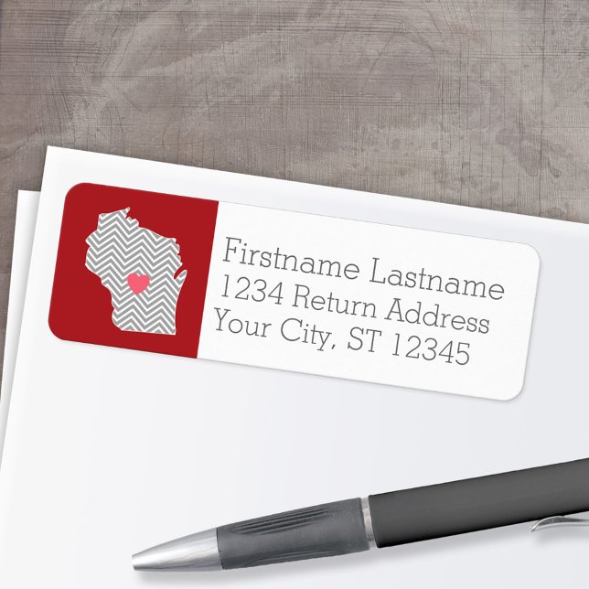 Wisconsin State Map with Custom Red Heart and Name Label (Personalized Mailing Label with Return Address and State Map - Low Minimum)