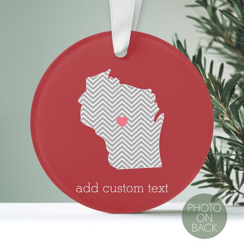 Wisconsin State Map with Custom Red Heart and Name Ornament