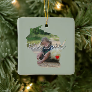 Wisconsin State Photo insert and town name Ceramic Ornament