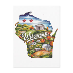 Wisconsin USA State Shaped Vintage Watercolor Postcard