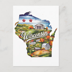 Wisconsin USA State Shaped Vintage Watercolor Postcard