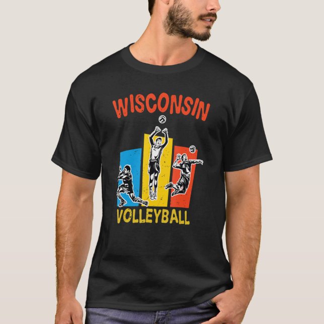 Wisconsin Volleyball Classic Style Vintage Distres T-Shirt (Front)