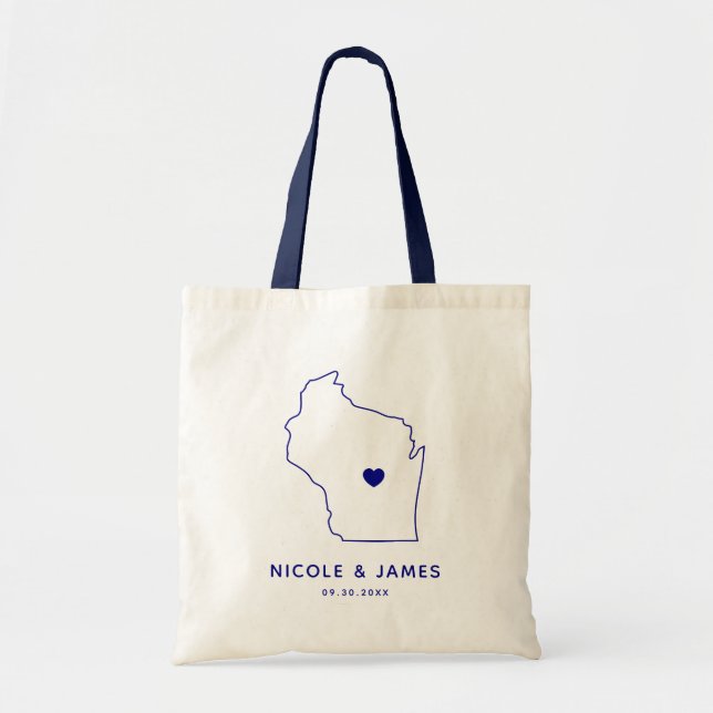 Wisconsin Wedding Welcome Bag Map Tote, Navy Blue (Front)