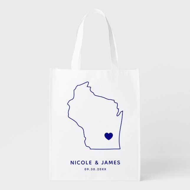 Wisconsin Wedding Welcome Bag, Navy Map Tote (Front)