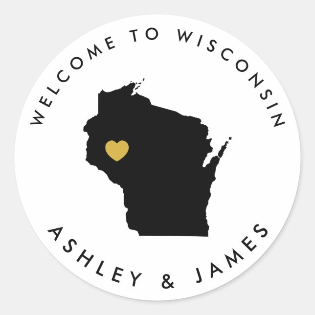 Wisconsin Wedding Welcome Sticker Tag, Black, Gold (Front)