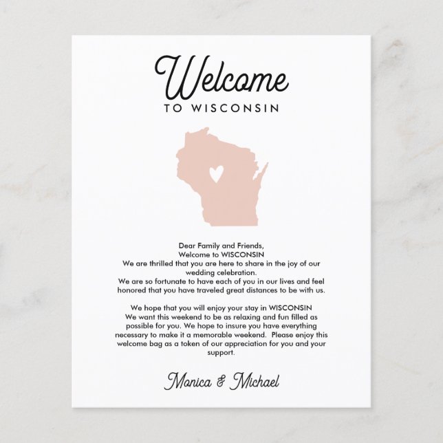 WISCONSIN Welcome  Letter Itinerary ANY COLOR (Front)