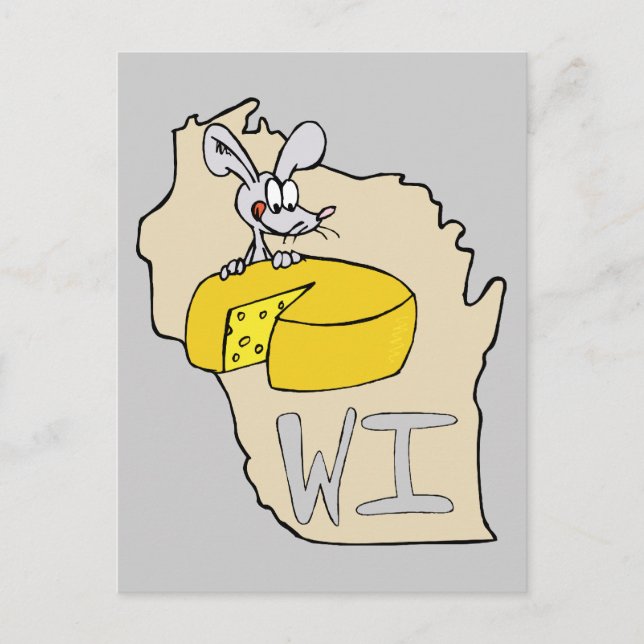 Wisconsin WI Map & Cheese Mouse Cartoon Art Postcard (Front)