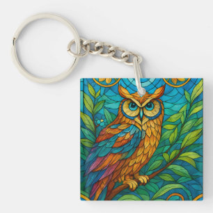 Wisdom in Glass Stained-Glass Owl with Floral  Keychain