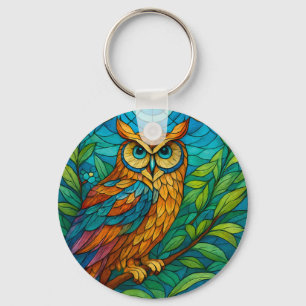 Wisdom in Glass Stained-Glass Owl with Floral  Keychain