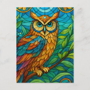 Wisdom in Glass Stained-Glass Owl with Floral Postcard