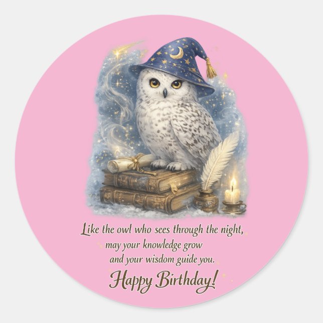 Wisdom & Knowledge Snow Owl Happy Birthday Classic Round Sticker (Front)