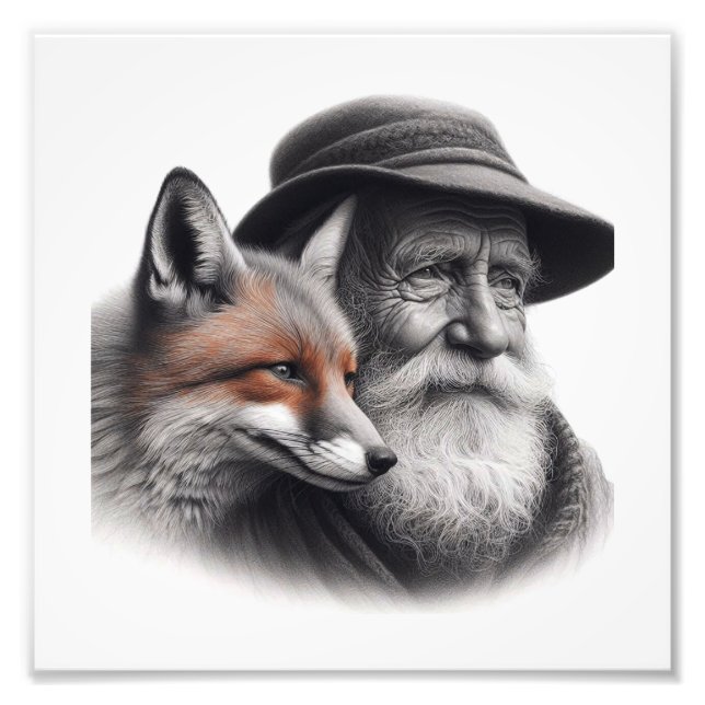 Wisdom & Wild: Elderly Man with Fox Wall Art (Front)