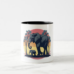Wise and Wild – Retro Elephant Family Sunset  Two-Tone Coffee Mug