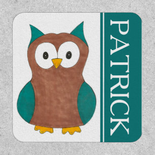 Wise Blue Brown Cartoon Owl Wide-Eyed Bird Animal Patch