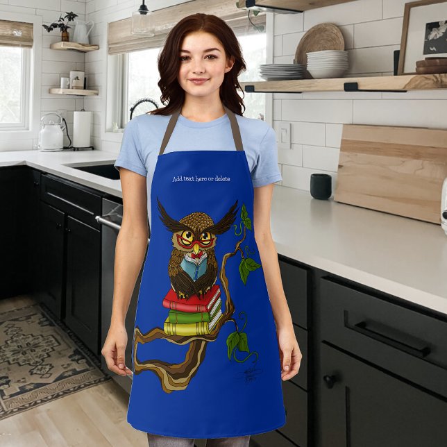 Wise Blue Cute Brown Reading Owl Books Apron (Creator Uploaded)