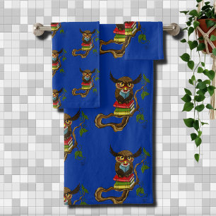 Wise Blue Cute Brown Reading Owl Books Bath Towel Set