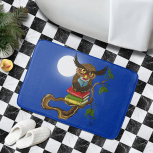Wise Blue Cute Brown Reading Owl Books Bathroom Mat