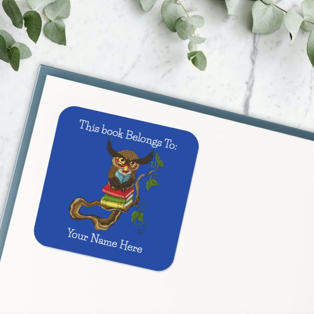 Wise Blue Cute Brown Reading Owl Books Bookplate (Creator Uploaded)