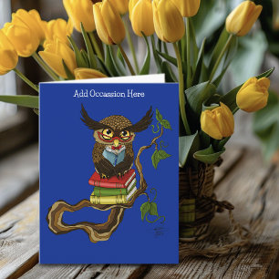 Wise Blue Cute Brown Reading Owl Books Card