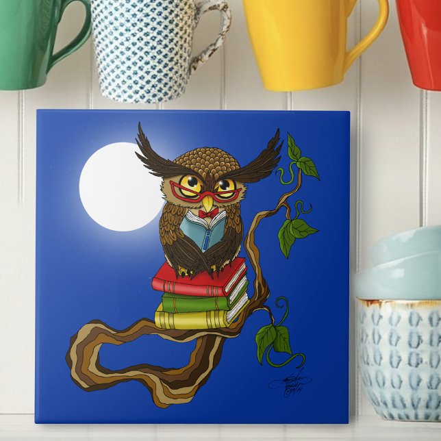 Wise Blue Cute Brown Reading Owl Books Ceramic Tile (Creator Uploaded)