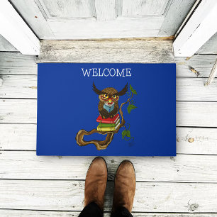 Wise Blue Cute Brown Reading Owl Books Doormat