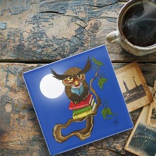 Wise Blue Cute Brown Reading Owl Books Glass Coaster