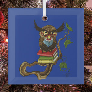 Wise Blue Cute Brown Reading Owl Books Glass Ornament