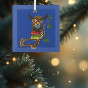 Wise Blue Cute Brown Reading Owl Books Glass Ornament