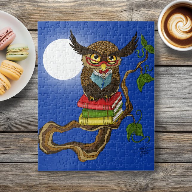 Wise Blue Cute Brown Reading Owl Books Jigsaw Puzzle (Creator Uploaded)