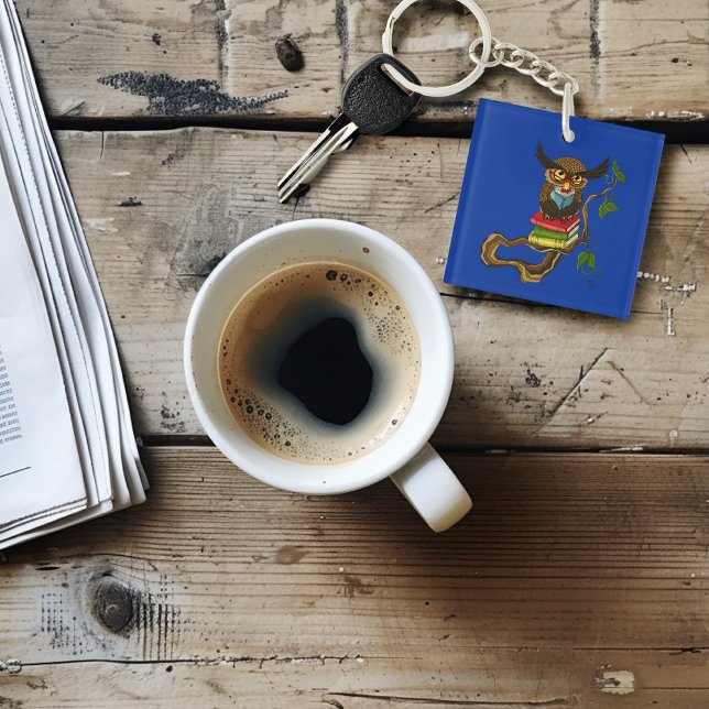 Wise Blue Cute Brown Reading Owl Books Keychain (Creator Uploaded)