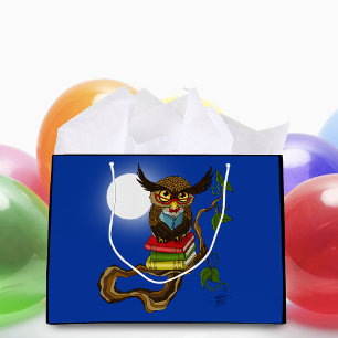 Wise Blue Cute Brown Reading Owl Books Large Gift Bag