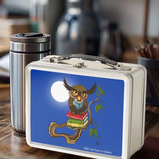 Wise Blue Cute Brown Reading Owl Books Metal Lunch Box (Creator Uploaded)