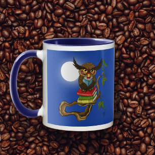 Wise Blue Cute Brown Reading Owl Books Mug
