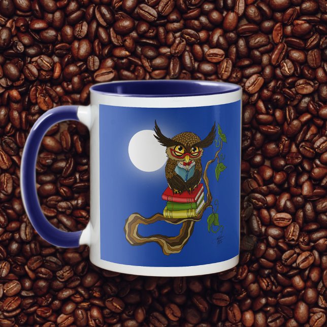 Wise Blue Cute Brown Reading Owl Books Mug (Creator Uploaded)