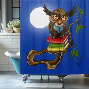 Wise Blue Cute Brown Reading Owl Books Shower Curtain
