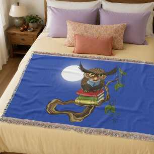 Wise Blue Cute Brown Reading Owl Books Throw Blanket