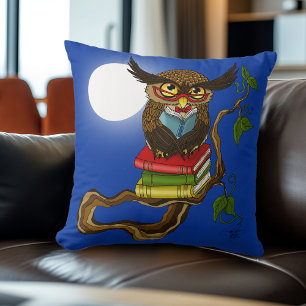 Wise Blue Cute Brown Reading Owl Books Throw Pillow