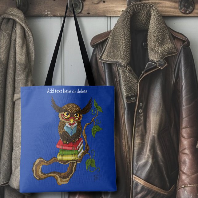 Wise Blue Cute Brown Reading Owl Books Tote Bag (Creator Uploaded)
