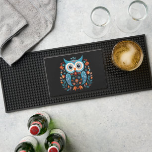 Wise Blue Owl Scandinavian Folk Art Bar Mat