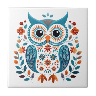 Wise Blue Owl Scandinavian Folk Art Ceramic Tile
