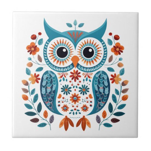 Wise Blue Owl Scandinavian Folk Art Ceramic Tile