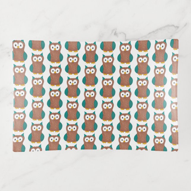 Wise Brown Blue Owl Bird Animal Print Trinket Tray (Front)