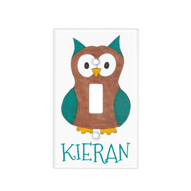 Wise Brown Blue Owl Bird Bedroom Personalized Light Switch Cover (Front)