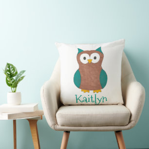 Wise Brown Blue Owl Bird Bedroom Personalized Throw Pillow