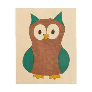 Wise Brown Teal Blue Barn Owl Cartoon Bird Wood Wall Art