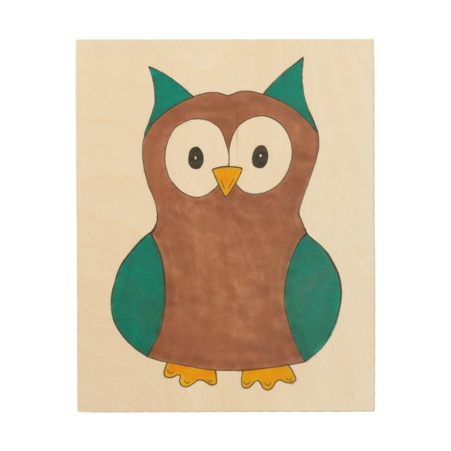 Wise Brown Teal Blue Barn Owl Cartoon Bird Wood Wall Art (Front)