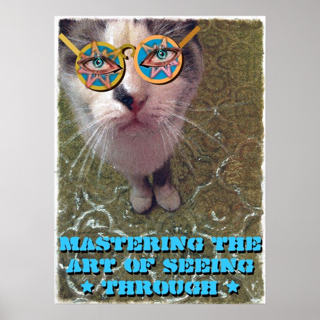 Wise Cat Human Eyes and Funny Glasses Poster (Front)