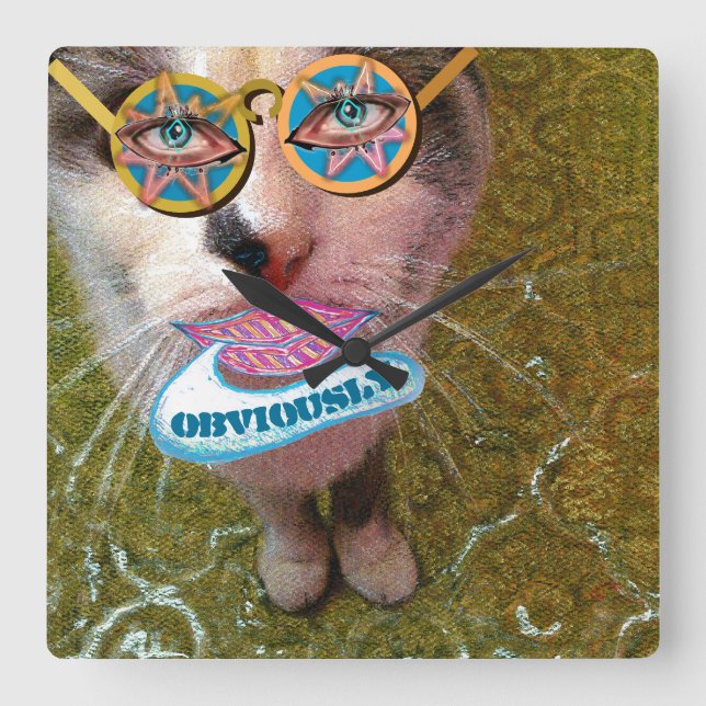 Wise Cat Human Eyes Smile and Funny Glasses Square Wall Clock (Front)