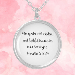 Wise Christian Woman Proverbs 31:26 Bible Verse Silver Plated Necklace