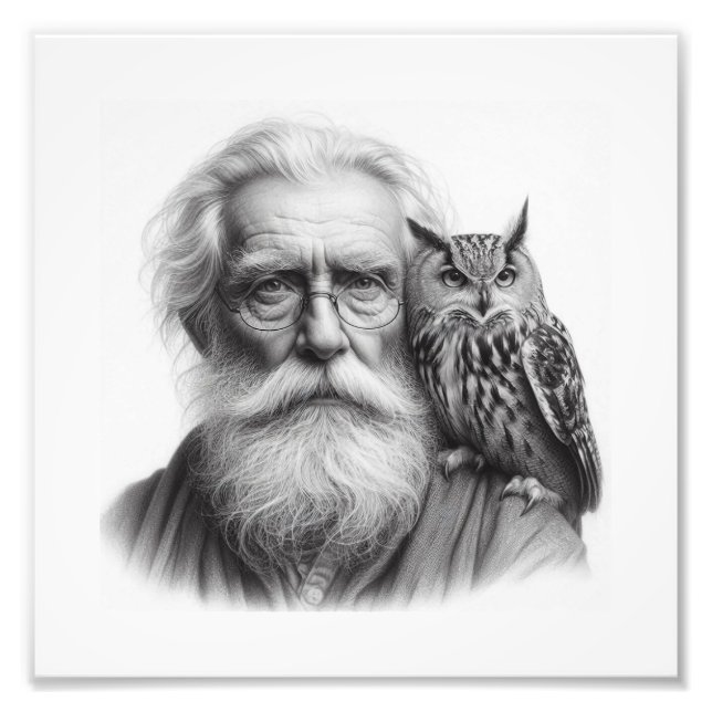 Wise Companions: Elderly Man with Owl Wall Art (Front)